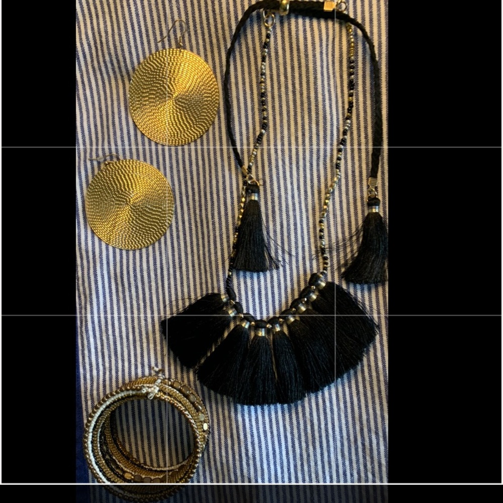 Gold and black earrings,bracelet and necklace set.